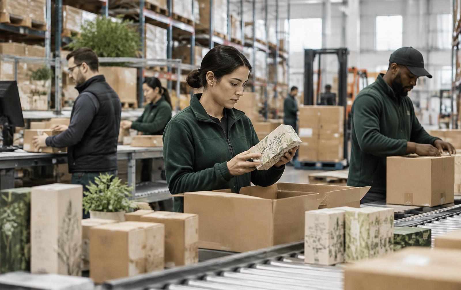 A fulfillment team inspecting consumer products in a United States warehouse