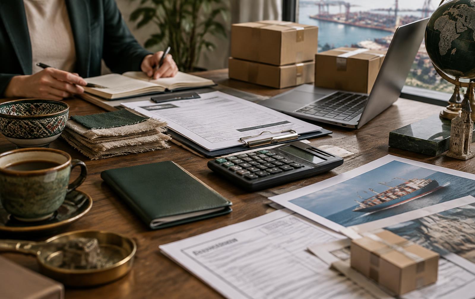 Cross-border operations documents, shipping boxes, and product samples arranged for review